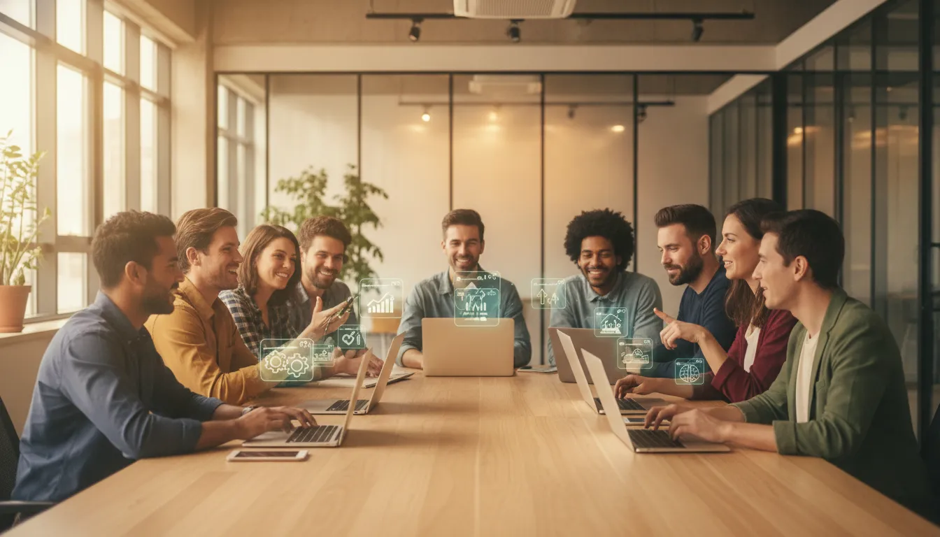V týmu malých firem v coworking prostoru AI vizuálně podporuje každodenní práci a zvyšuje produktivitu, bez jakýchkoli textů.