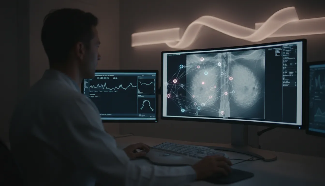 Radiolog prohlíží mamogram na monitoru s jemným AI přesahem zvýrazňujícím podezřelé ložisko, moderní klidné prostředí