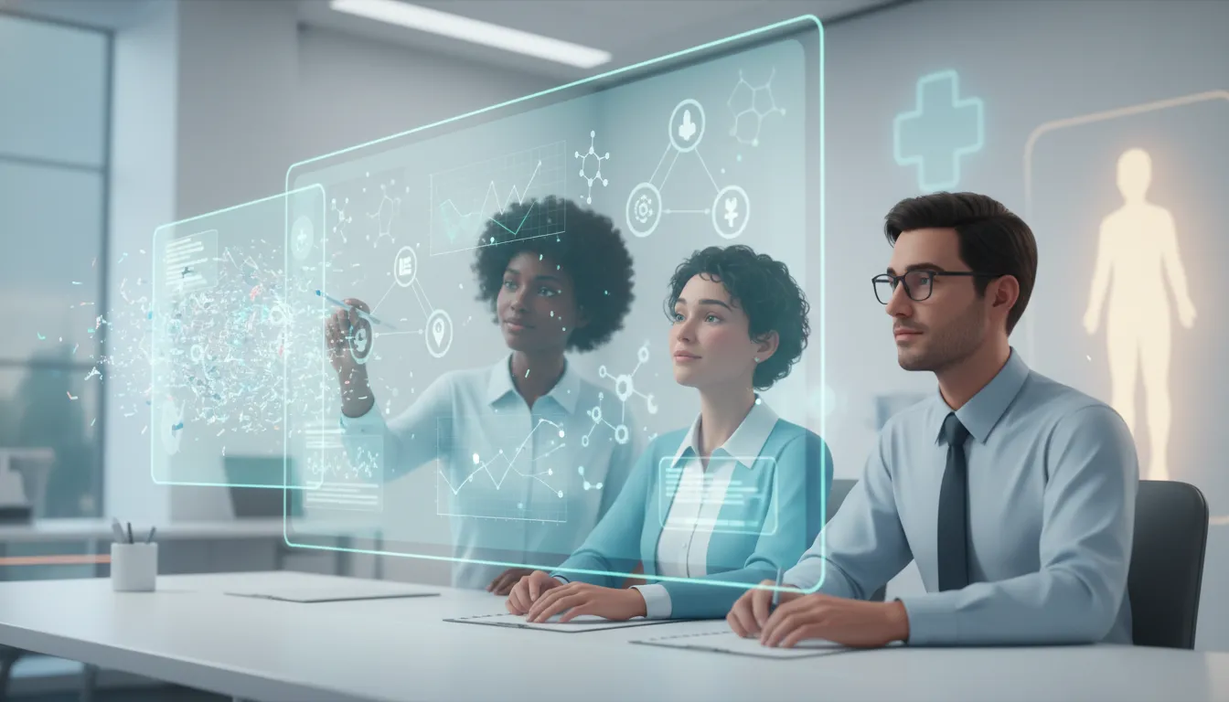 Ilustrace zdravotnického týmu v biotechnologické laboratoři spolupracující s generativní AI pomocí beztextových hologramů pro analýzu dat a výzkum s důrazem na pacienty.