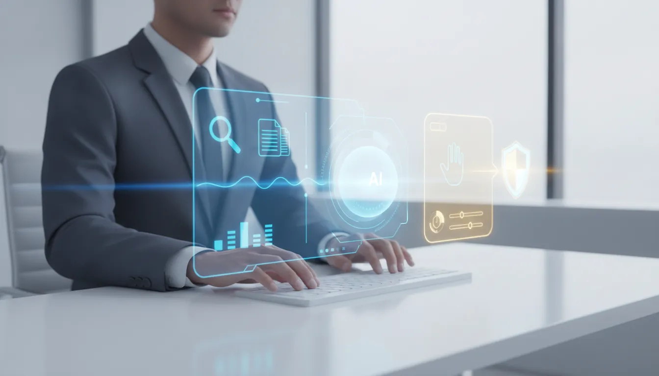 Modern illustration of an attorney using AI research holograms with a protected output and a clear separation between automation and human oversight, shown without any text.