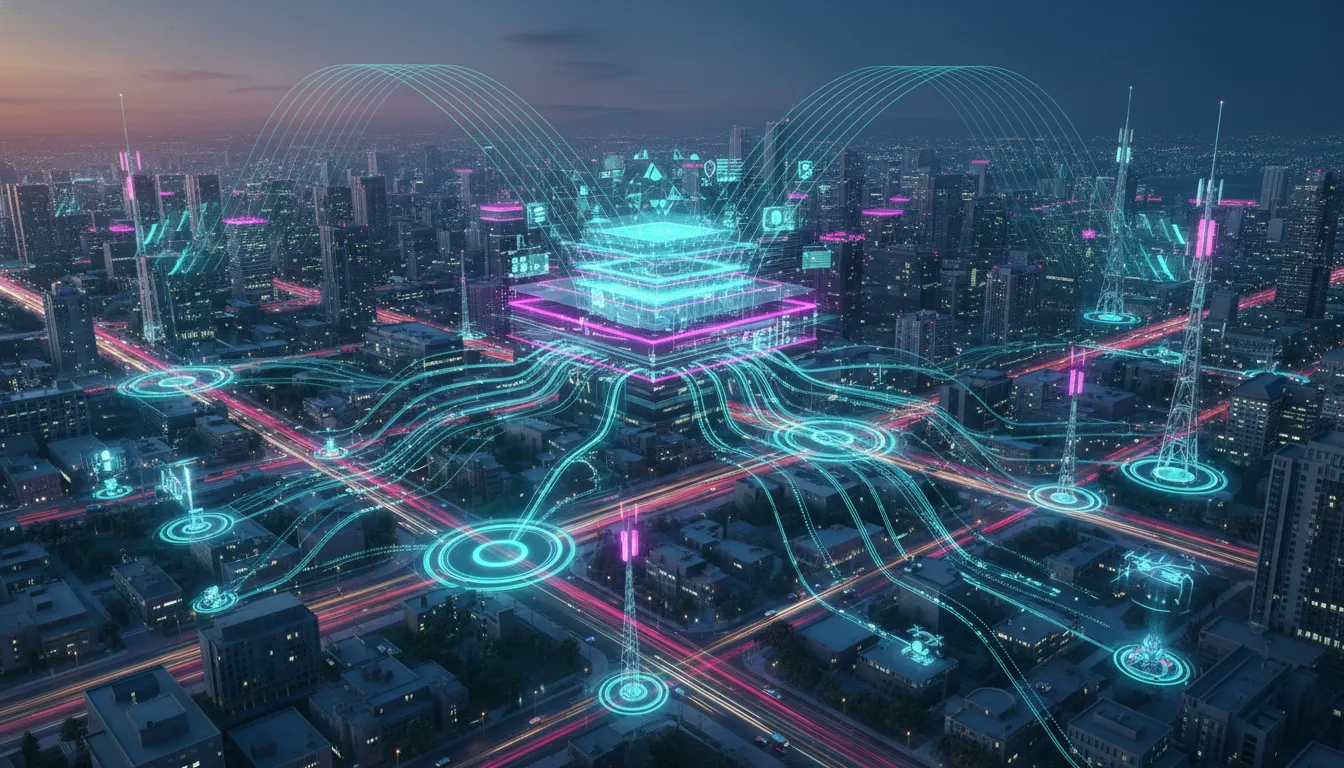 Ilustrace ukazující, jak AI-RAN s 5G a edge computingu přetváří telekomunikační síť v reálnou vrstvu pro AI v městském prostředí.