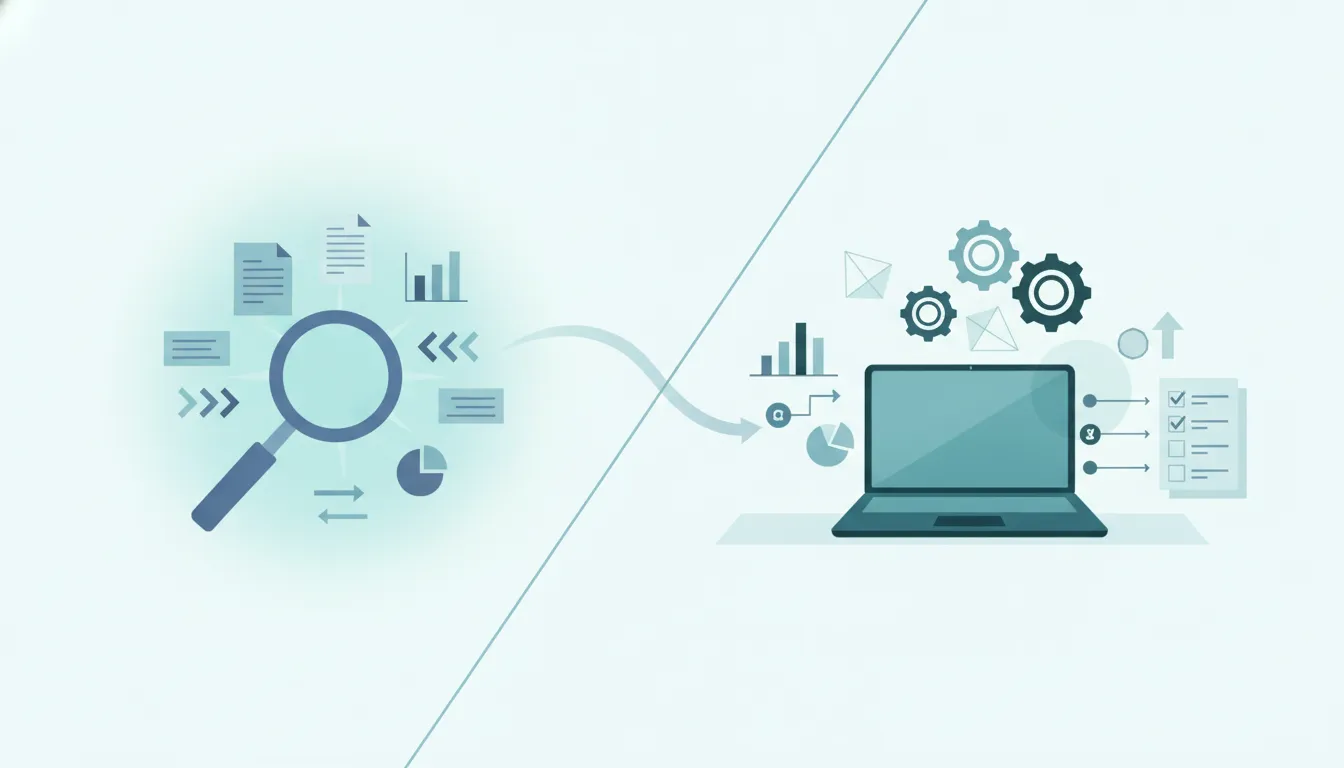 Wordless illustration showing an AI workflow split between researching facts and completing tasks, with magnifying-glass style search on the left and a computer/workflow completion on the right.