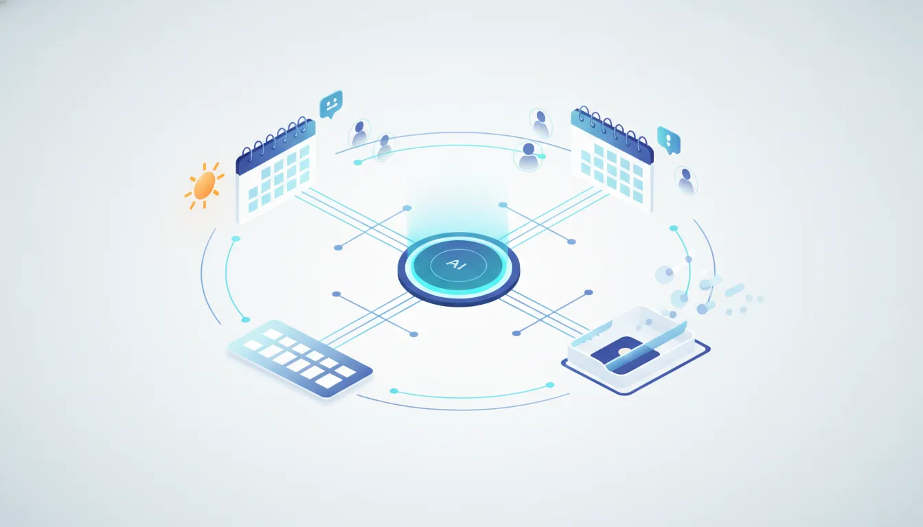 Ilustrace s AI hubem propojeným s kalendářem a workflow uzly znázorňující automatizované plánování úkolů v týmu bez textu.