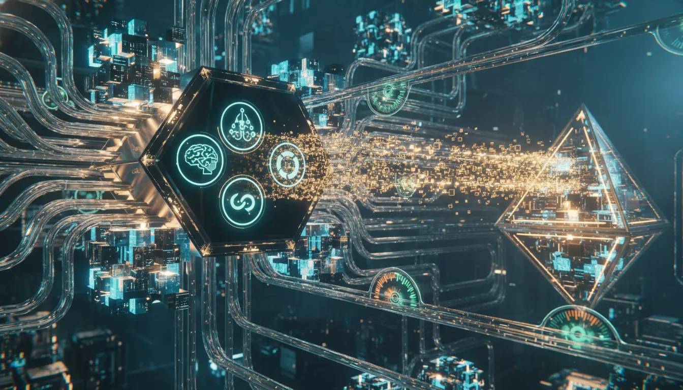 Vizuální abstrakce AI datacentra znázorňující tok tokenů jako světelné částice z GPU infrastruktury do cílového výstupu, bez textu.