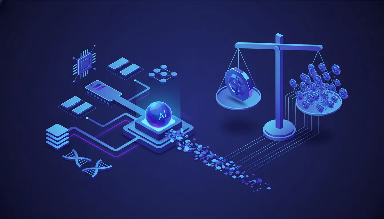 Futuristická ilustrace zobrazující souhru modelu, inference infrastruktury a tokenového toku při určování nákladů na token, bez textu.