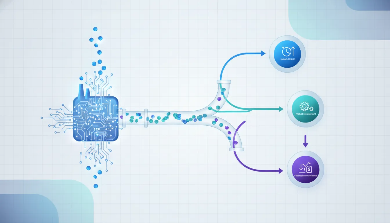 Abstract illustration of AI producing token-like orbs flowing to business outcomes, symbolizing tokenomics and ROI.