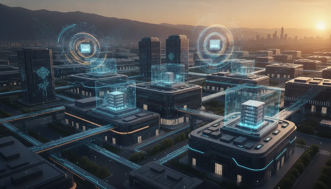 Ilustrace AI továrny – moderní datové centrum s holografickými sítěmi a proudícími daty, symbolizující lokální výpočetní infrastrukturu pro umělou inteligenci v regionu