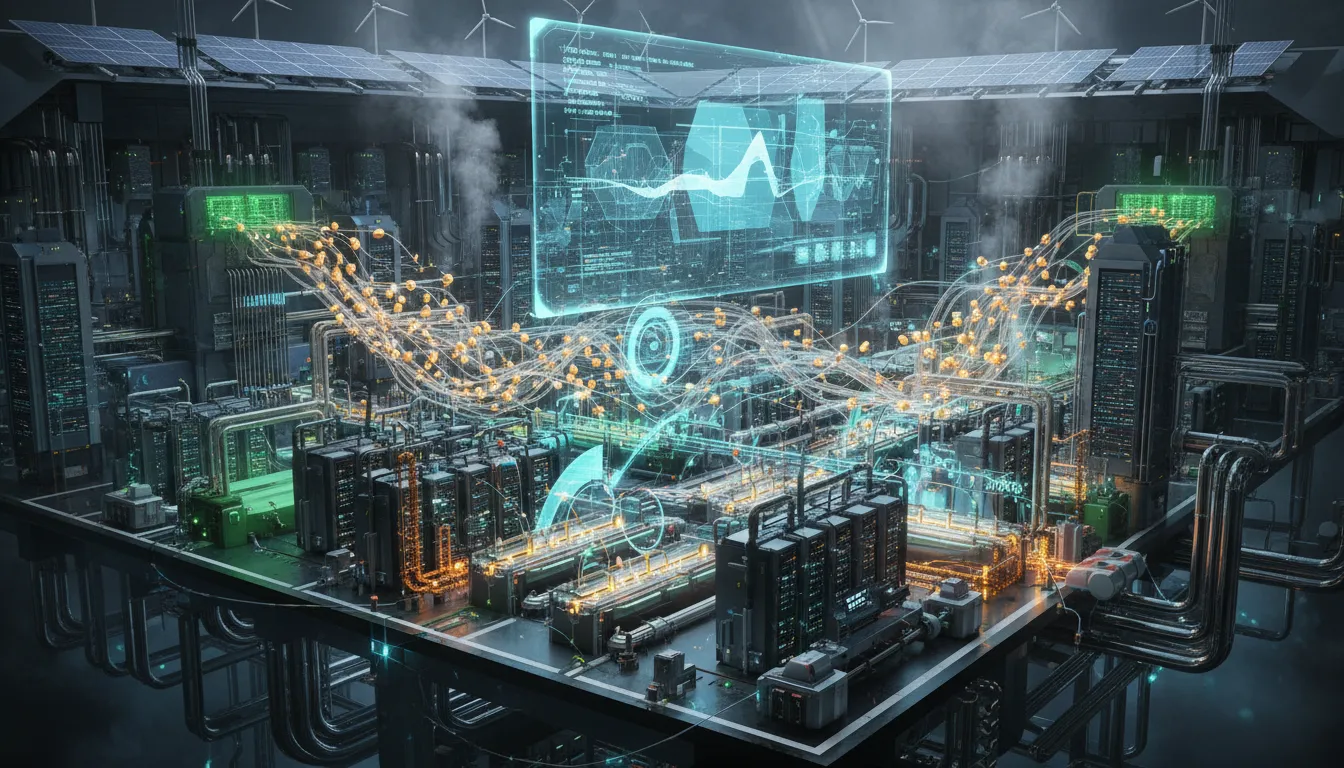 Futuristická průřezová scéna AI továrny s holografickým digitálním dvojčetem a proudy zářících tokenů znázorňujících tokeny na watt a energetickou efektivitu