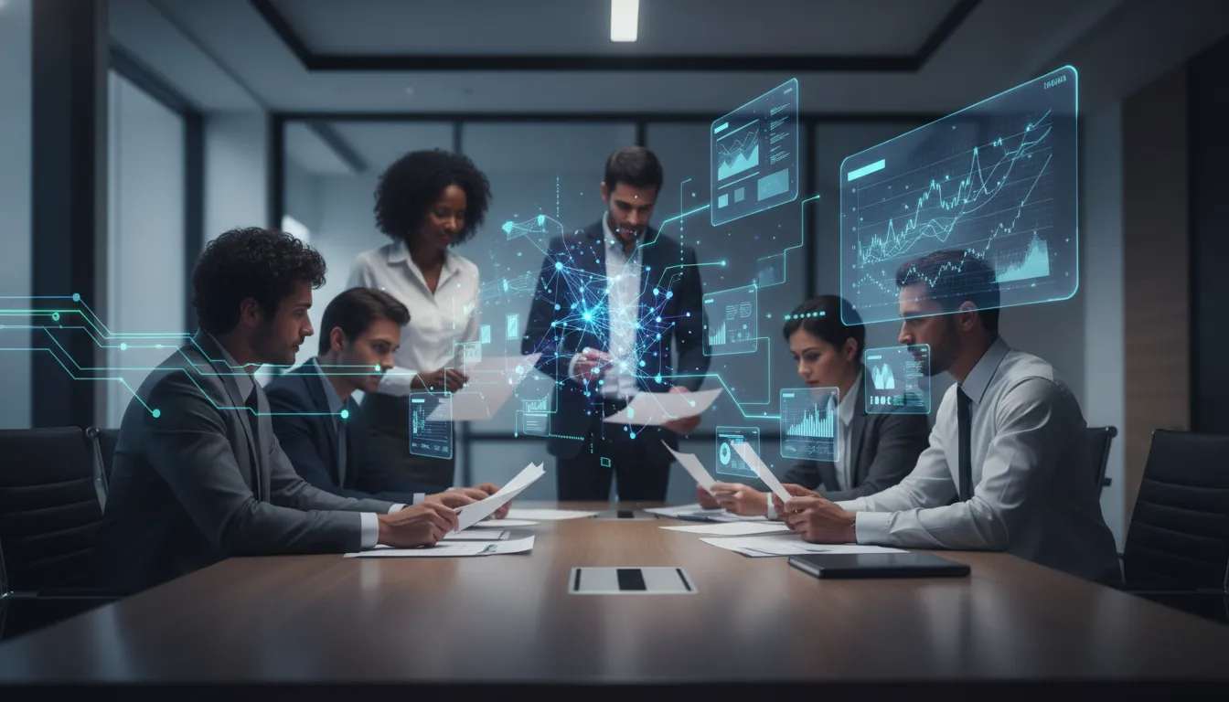 AI transformační technologie v moderních finančních službách: tým propojující dokumenty a datové karty s holografickou sítí bez textu.