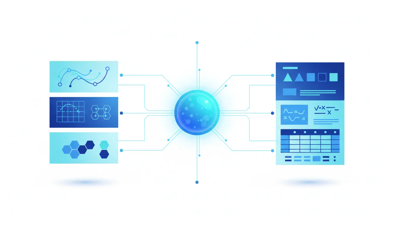 Ilustrace znázorňující AI, které převádí komplexní informace do vzdělávacích slidů a infografik bez textu.