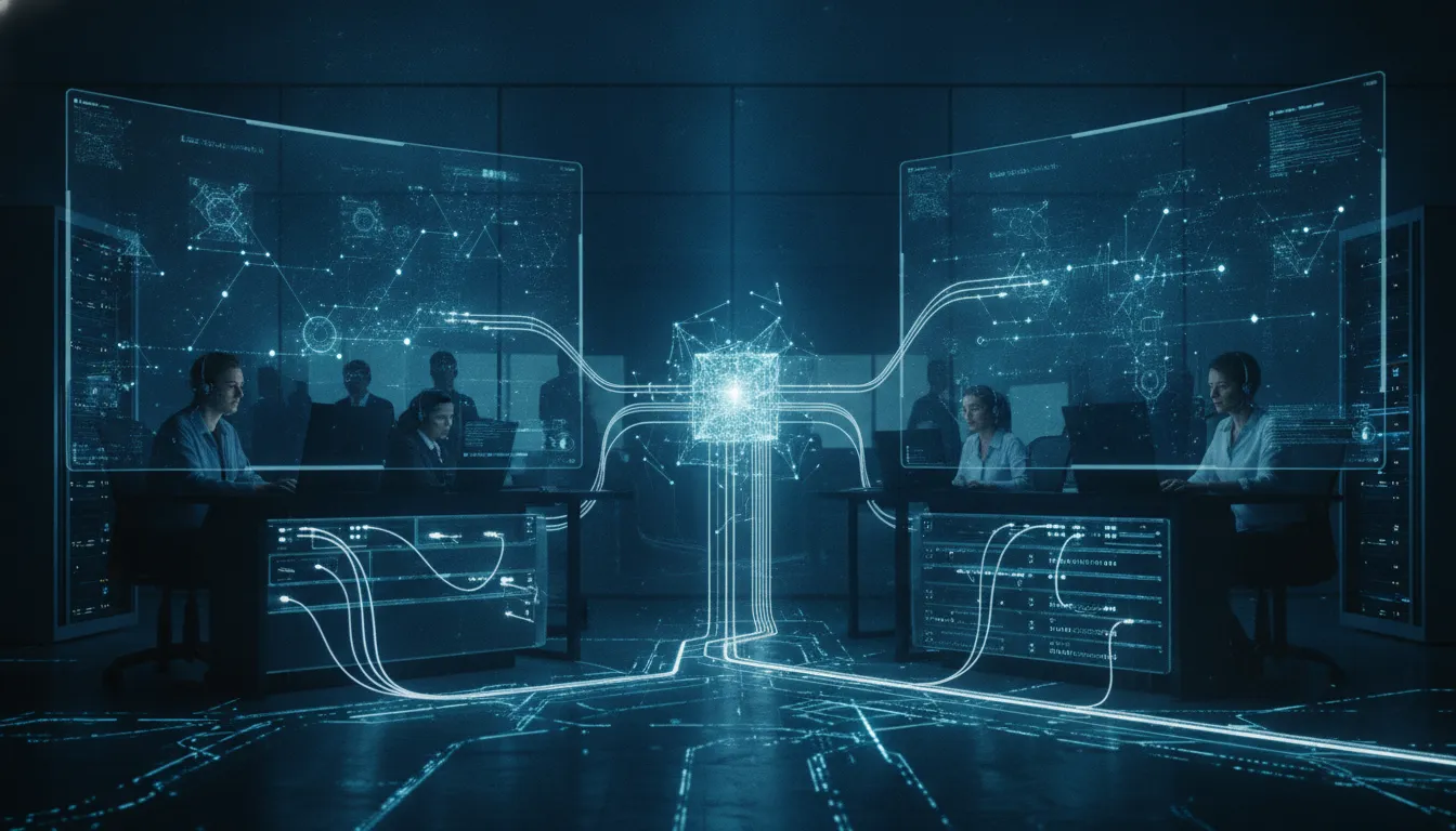 AI propojuje telekomunikační síť a call centrum v moderním evropském technologickém provozu, znázorněno abstraktní holografickou datovou infrastrukturou bez textu.