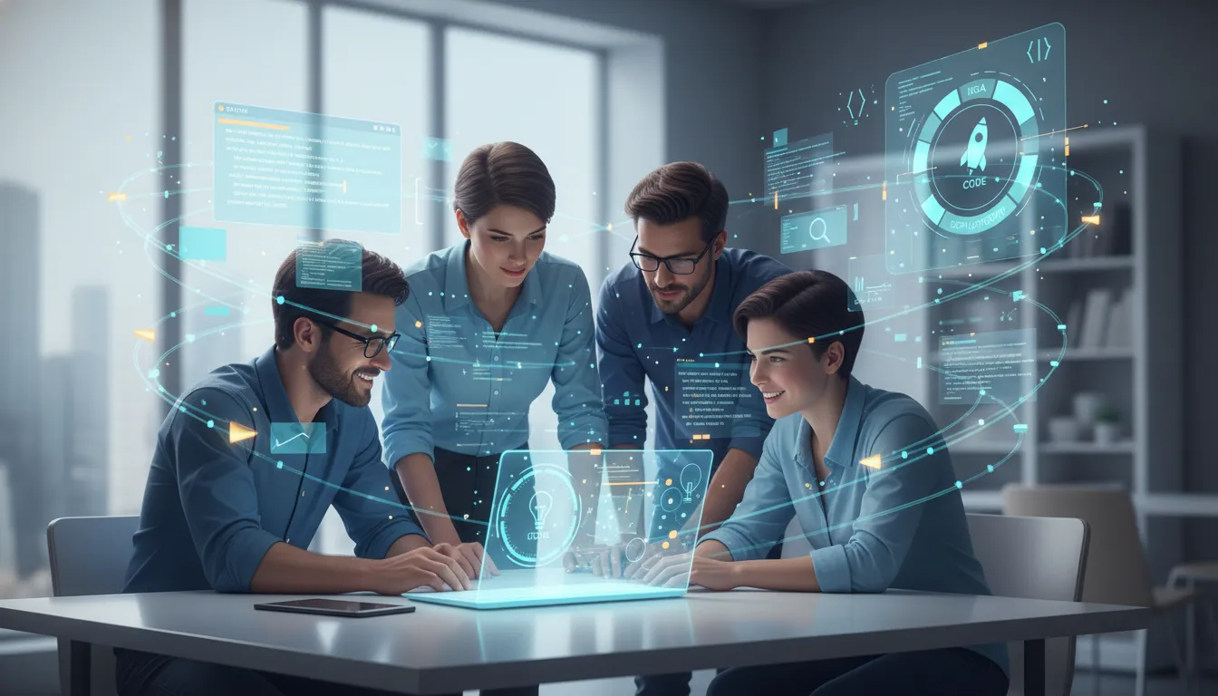 Holografická vizualizace AI workflow spojující tým vývojářů s návrhem, kódem, recenzí a nasazením bez textu.