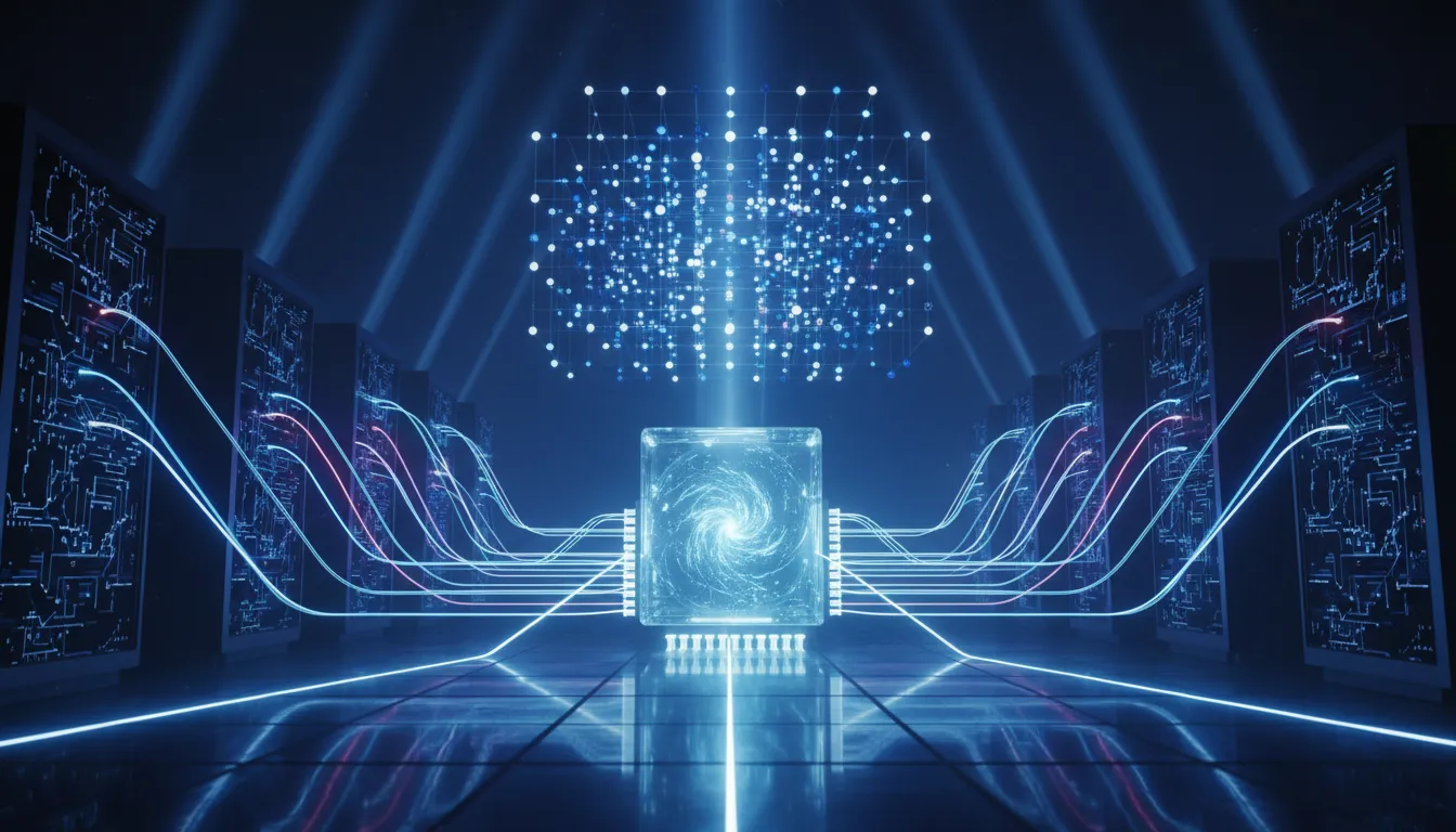 Futuristická vizualizace AI urychlující kvantové výpočty: světelná mřížka s kvantovými okruhy propojená se superpočítačovým jádrem a rušivými interferenčními vzory bez textu