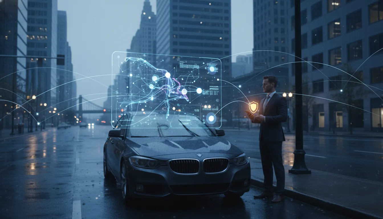 Holografické AI rozhraní pro první nahlášení škody ve městě, symbolizující automatizaci v pojišťovnictví