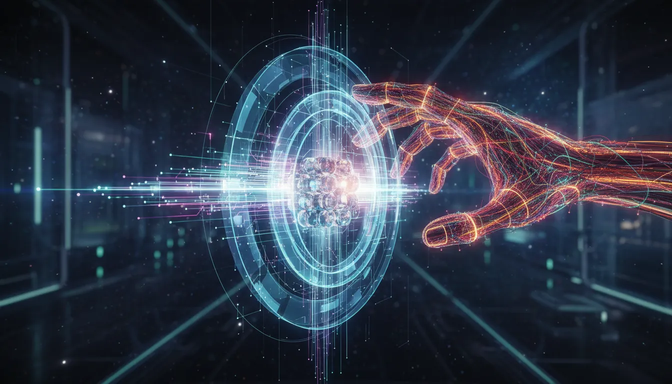 Ilustrace propojující AI a kvantové výpočty: holografický kvantový obvod s ochranou proti chybám a vizuálními cestami stabilizace.