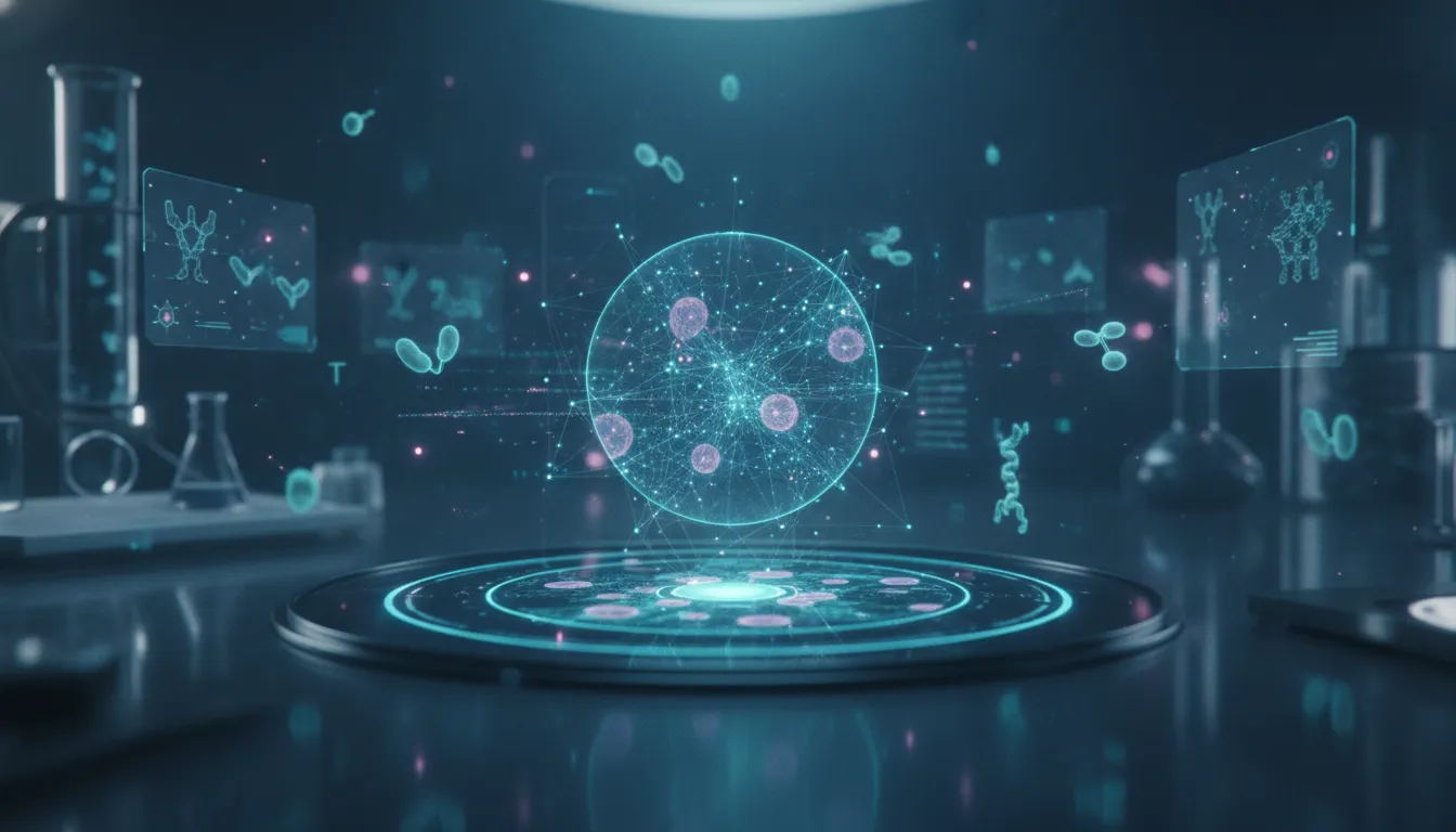 Futuristická laboratorní scéna zobrazující AI hologramy nad buňkami a imunitním systémem, symbolizující změny v biologii a imunologii