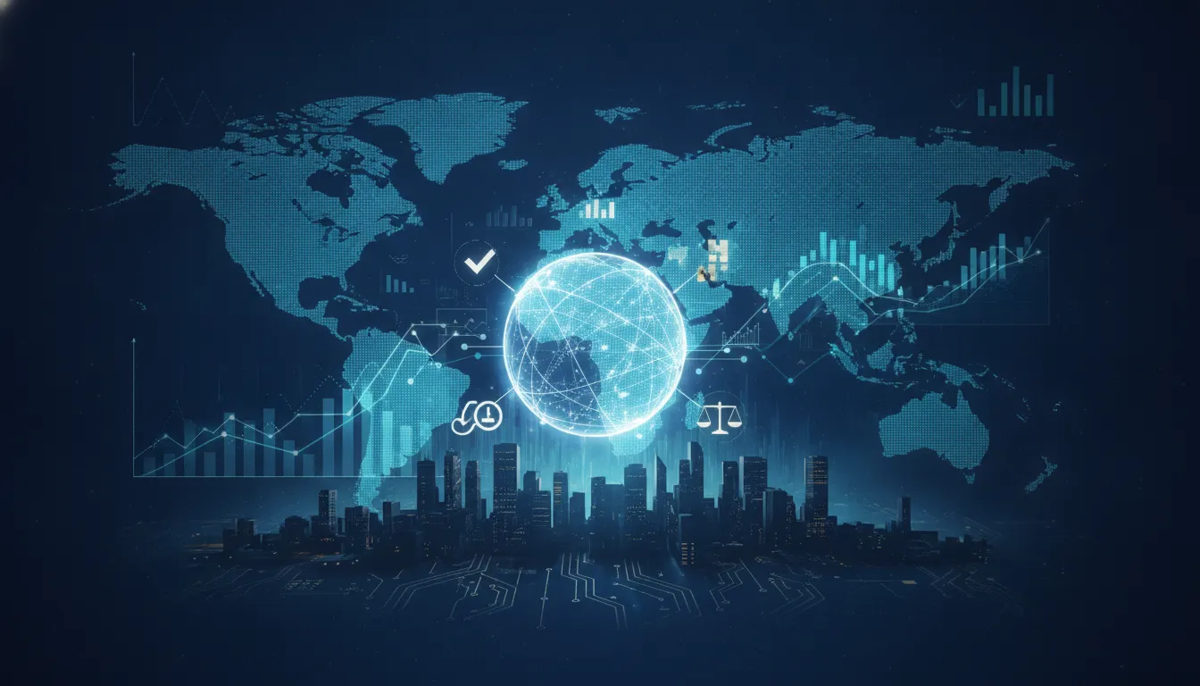 Ilustrační zobrazení umělé inteligence ve finančních službách s globální datovou sítí, rozhodovacím jádrem a prvky důvěry a governance bez textu.