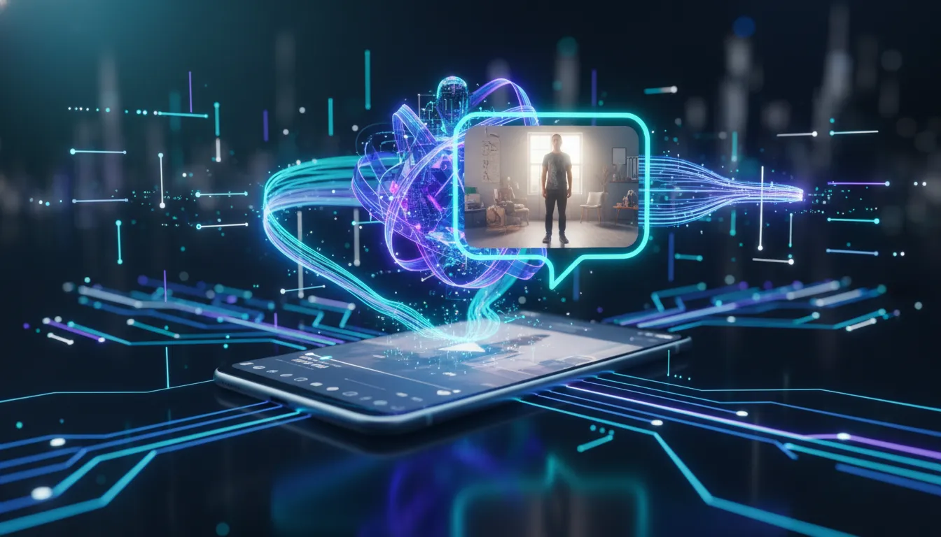 Ilustrace AI úprav videa podle textového zadání: světelný řetězec spojující speech bubble s transformujícím video klipem na zařízení