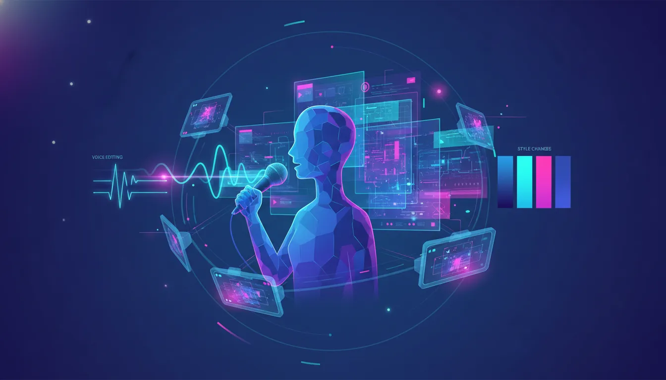 Ilustrace AI nástroje pro tvorbu videí řízenou hlasem: mluvčí vysílá světelné vlny, které se mění v video scénu s úpravou stylu a perspektivními kamerovými úhly bez textu.