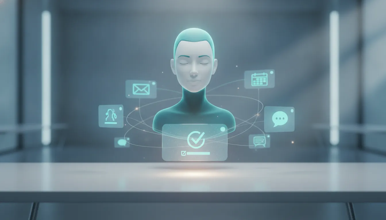 Ilustrace AI výkonného asistenta s vizuálními náznaky e-mailů a plánování, který pomáhá uživateli prioritizovat práci a udržovat kontext komunikace.