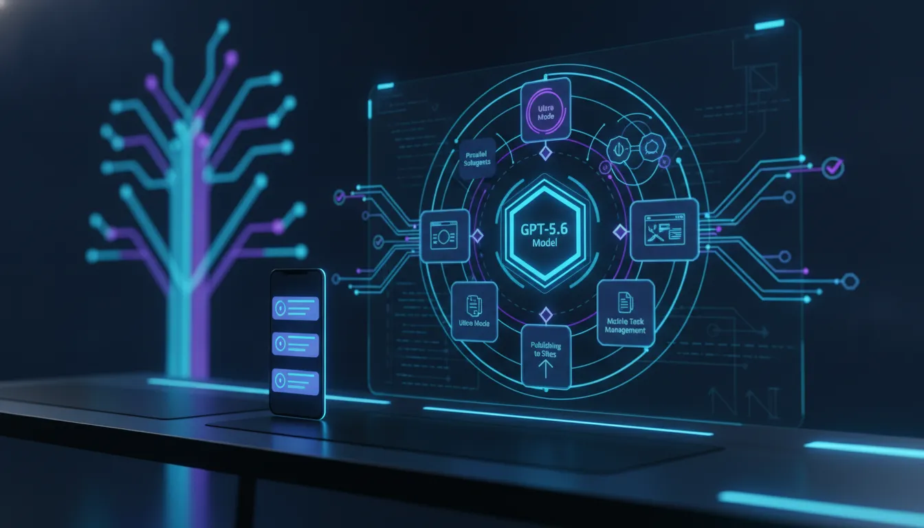 Ilustrace futuristického vývojového prostředí s propojenými AI funkcemi v jedné aplikaci, včetně paralelních toků práce a workflow pro vývojové změny