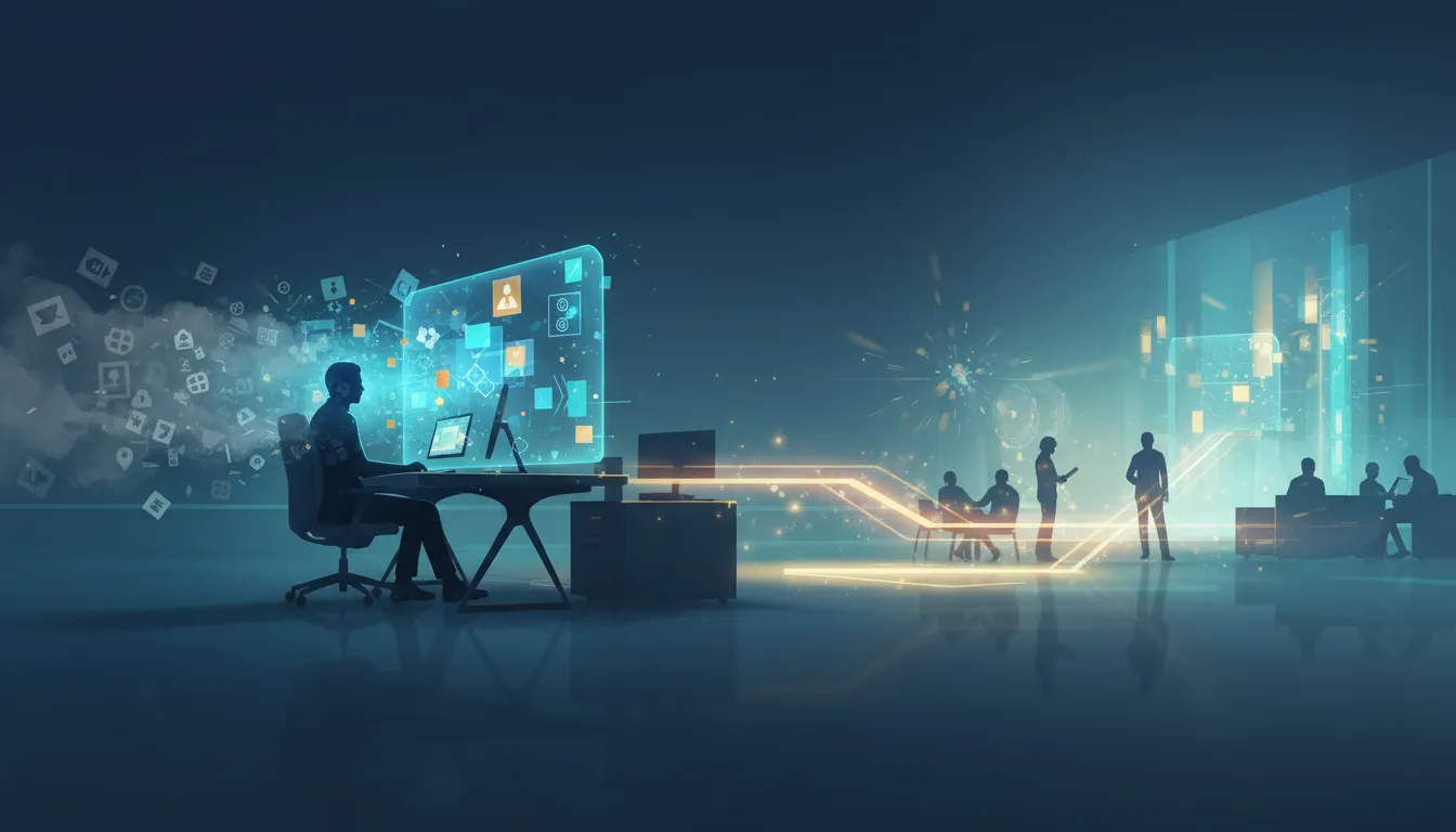 Ilustrace AI hologramu v kanceláři, která zjednodušuje rutinní úkoly a uvolňuje prostor pro kreativní a smysluplnou práci bez textu.
