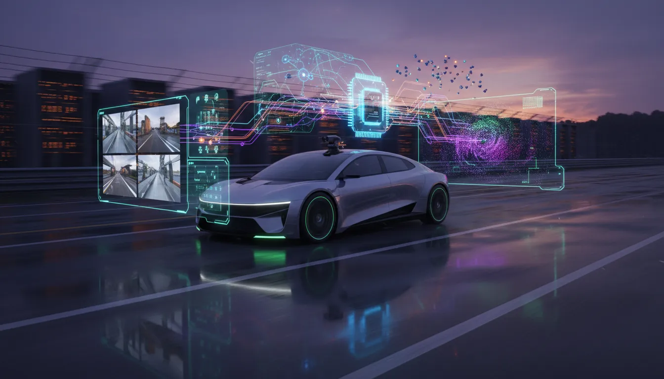 Futuristické autonomní vozidlo s holografickou vizualizací neuronové sítě a čipu znázorňující koncept end-to-end autonomního AI (Alpa Maya)
