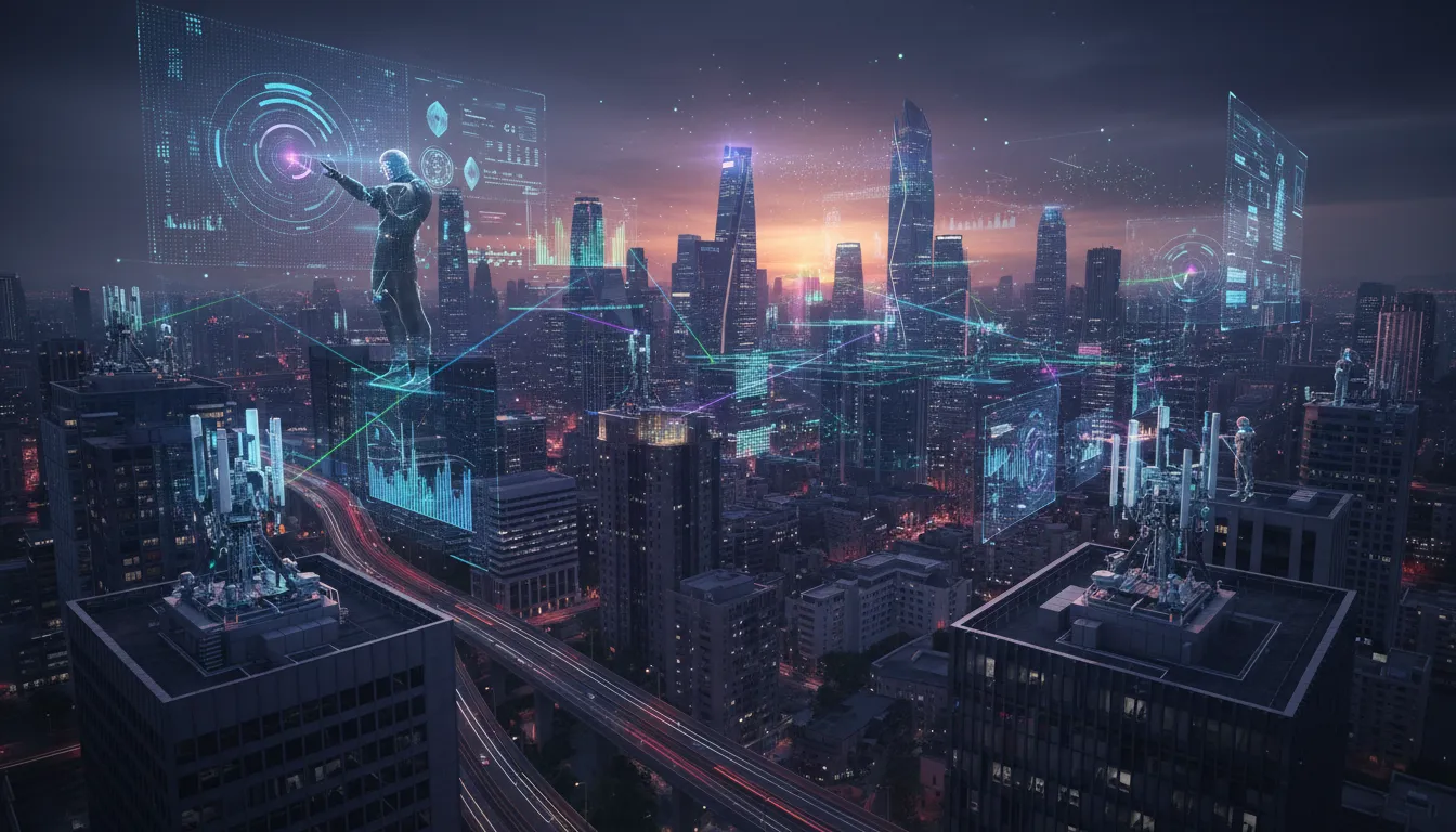 Holografické digitální dvojče rádiové sítě nad futuristickým městem: vysílací stožáry, barevné signálové paprsky a inženýři simulující 6G