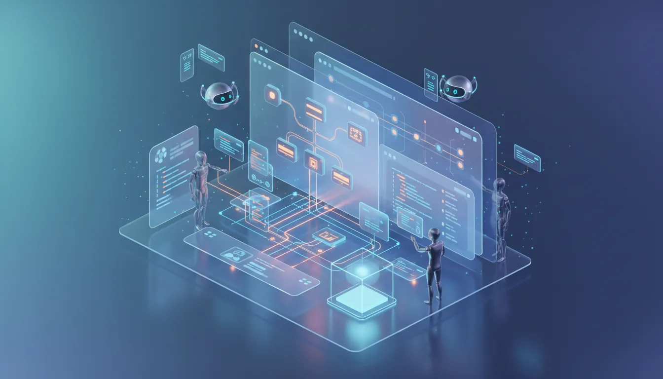 Izometrická ilustrace desktopové aplikace pro řízení AI agentů: roboti spolupracují kolem holografického pracovního stromu, modulární kódové bloky a průhledný sandbox, vizualizace plánování a API
