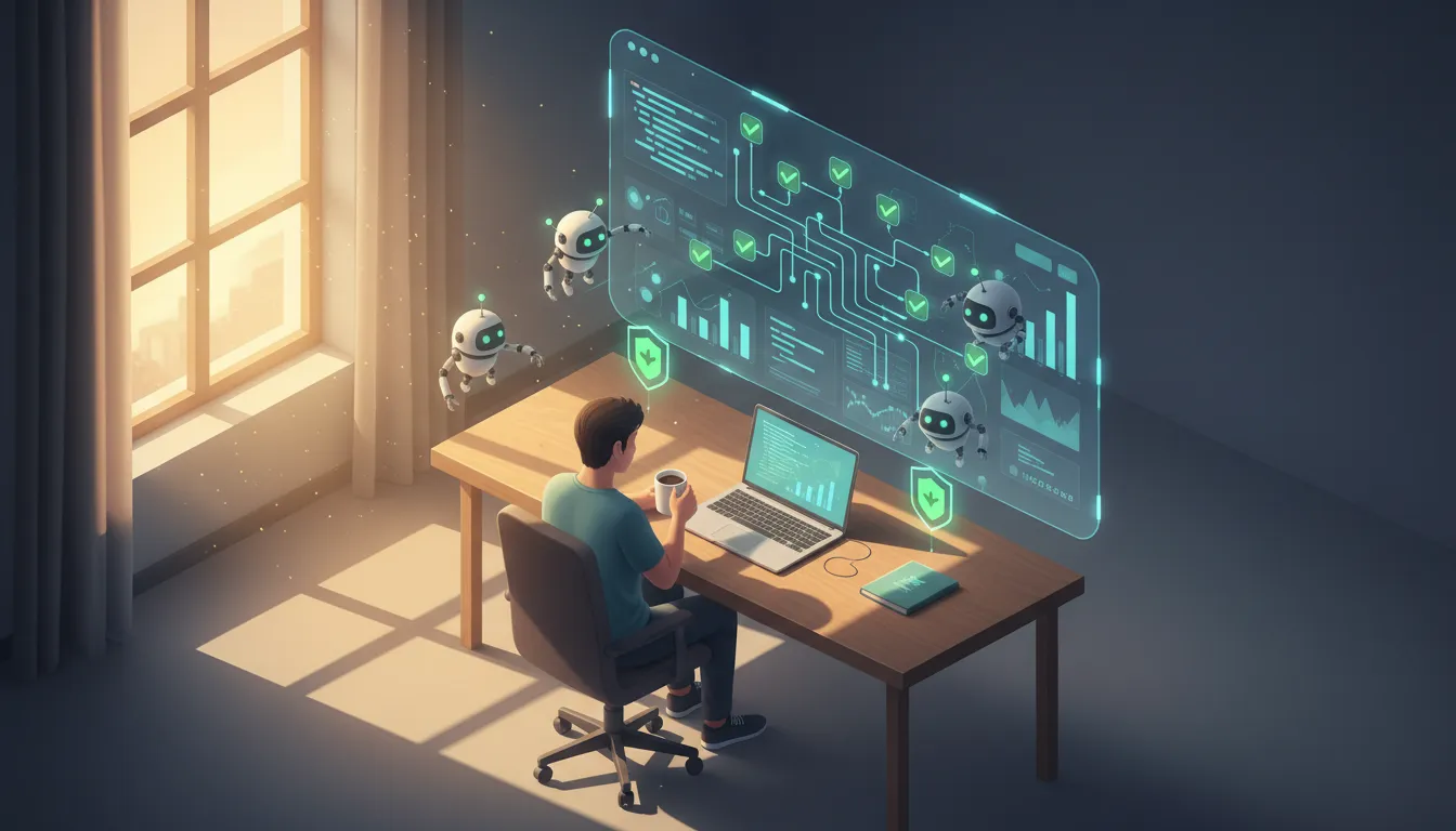 Vývojář u počítače s holografickým dashboardem automatizací: zelené zaškrtnutí, toky dat a malé robotické agenty opravující kód
