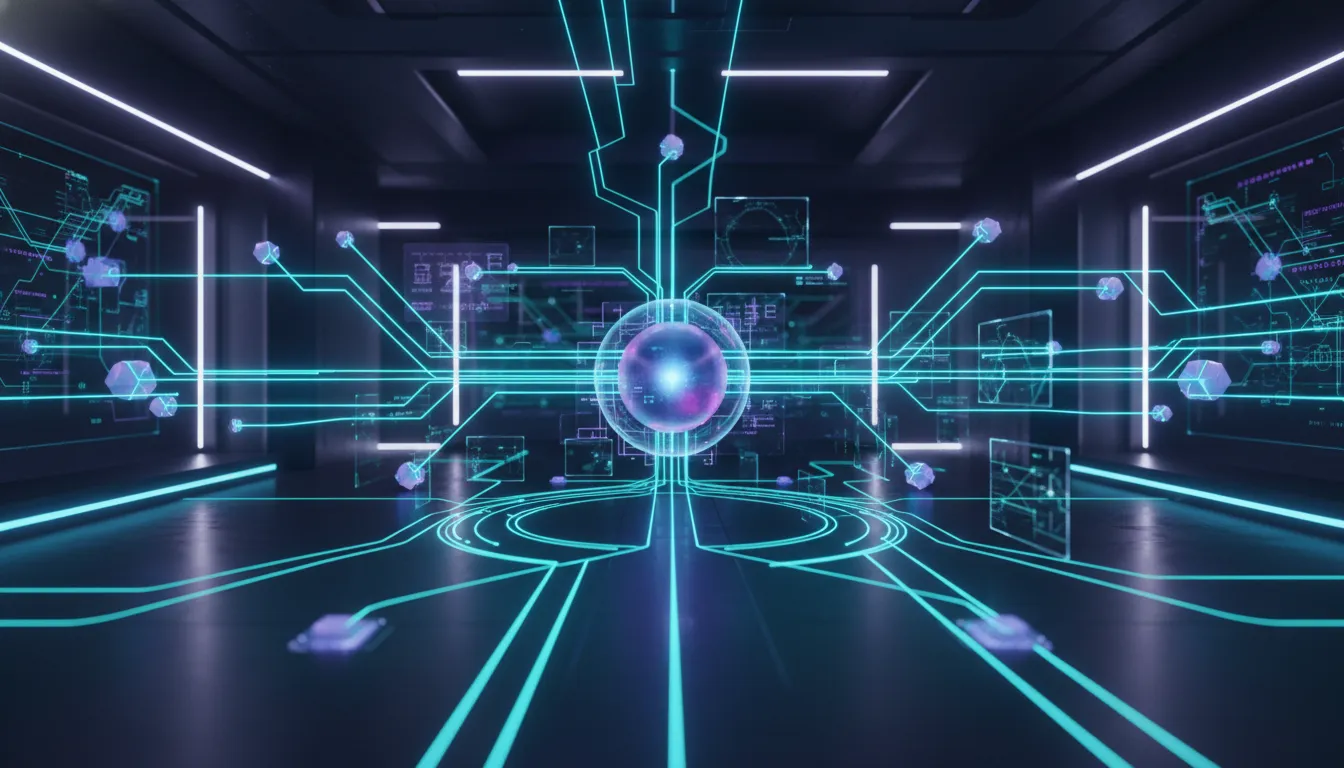 Holografické schéma autonomní telekomunikační sítě s propojenými uzly a agentním AI jádrem znázorňujícím samočinnou diagnostiku a obnovu bez textu.