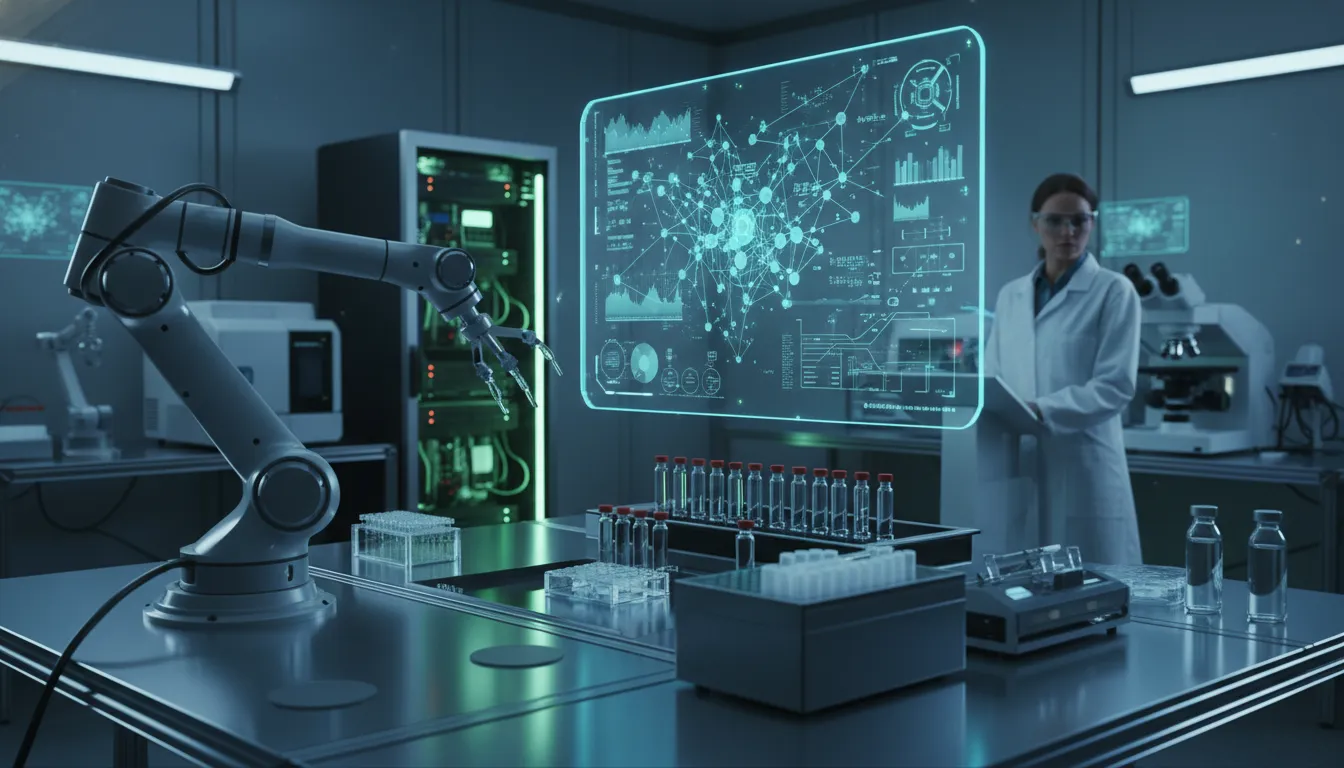 Autonomní laboratoř s robotickými rameny, sekvencerem a mikroskopem, výpočetním rackem s zelenými akcenty a holografickým AI rozhraním; vědec dohlíží na automatizované experimenty
