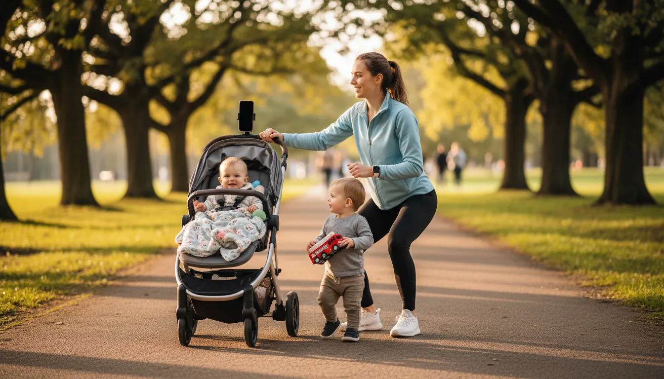 Mother doing a quick stroller-friendly workout while one toddler rides in the stroller and another walks beside her in a sunny park