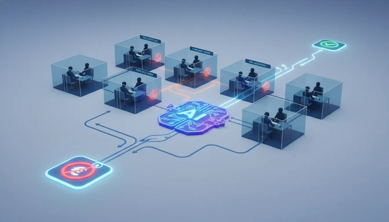 Ilustrace bankovního workflow při zamítnuté platbě se zacyklenými předávacími kroky mezi týmy a s AI agentem, který tok automatizuje a zkracuje čekání, bez textu.