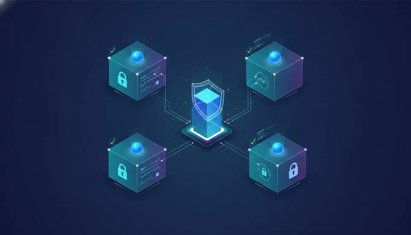 Ilustrace bezpečnosti AI agentů s oddělenými sandboxy, řízeným přístupem k datům a monitoringem akcí, bez použití textu.