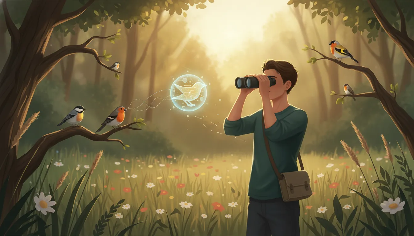 Birdwatcher in a forest at golden hour with binoculars and a glowing holographic companion guiding bird recognition