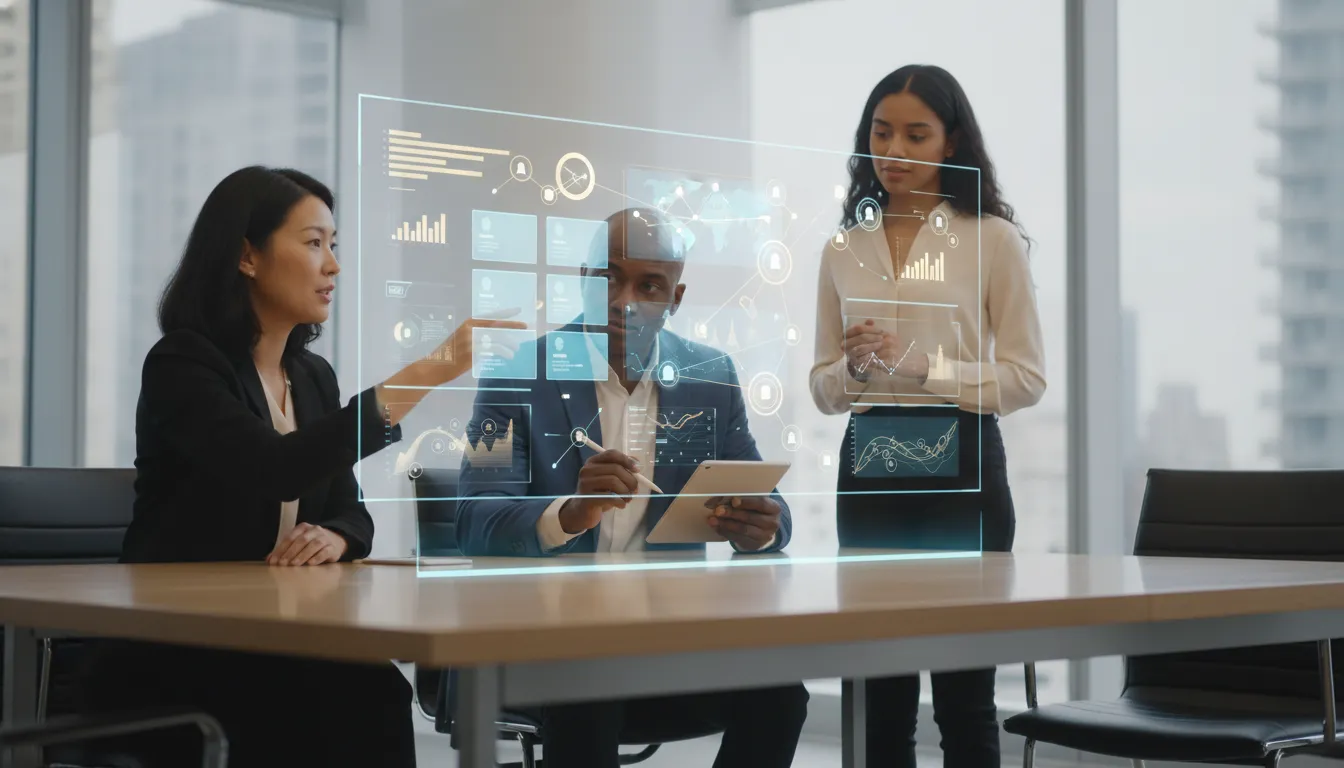Diverse financial advisors collaborating around a holographic AI dashboard for client-first account planning
