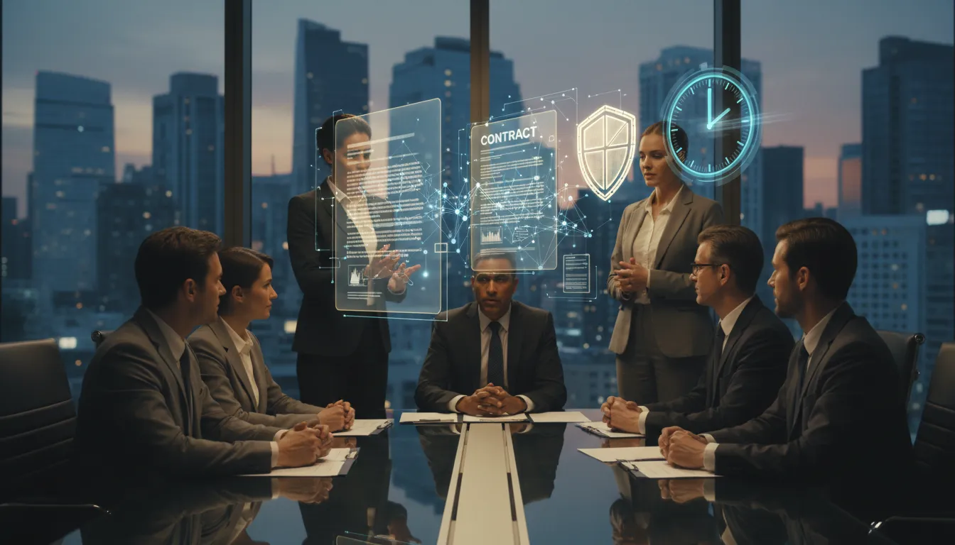 Diverse in-house legal team using a holographic AI interface to speed contract review with a compliance shield and financial district skyline