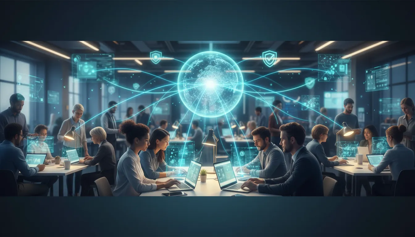 Diverse employees in a modern open office use glowing holographic AI assistants connected to a central knowledge hub, illustrating large-scale adoption of agents to scale AI literacy.