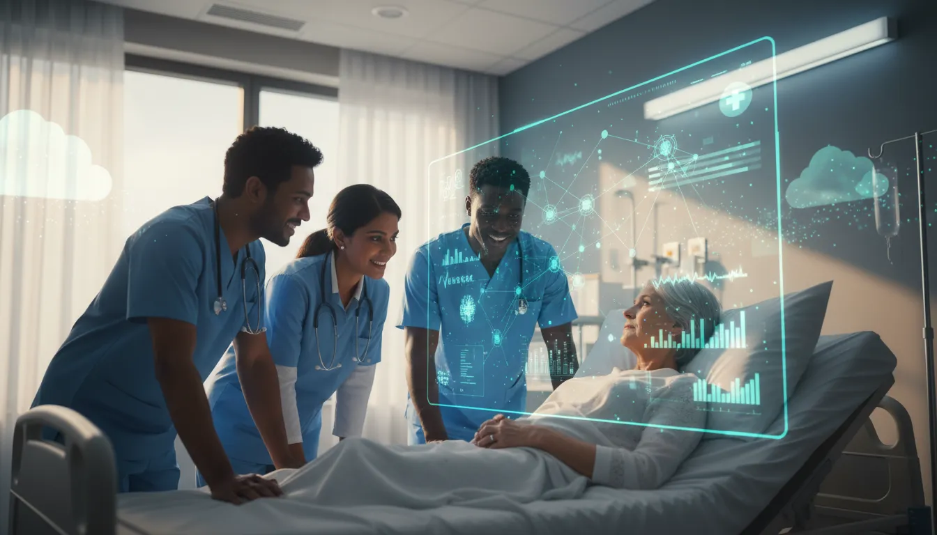 Lékař a sestra u lůžka pacienta komunikují s průhledným holografickým AI rozhraním zobrazujícím abstraktní neuronovou síť a medicínská data, symbolizující zlepšení zdravotní péče pomocí umělé inteligence