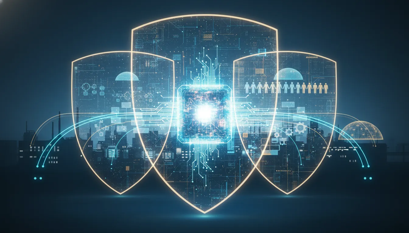 Ilustrace budoucnosti AI: zářící jádro umělé inteligence a vrstvené ochranné štíty symbolizující technologickou, organizační a společenskou odolnost