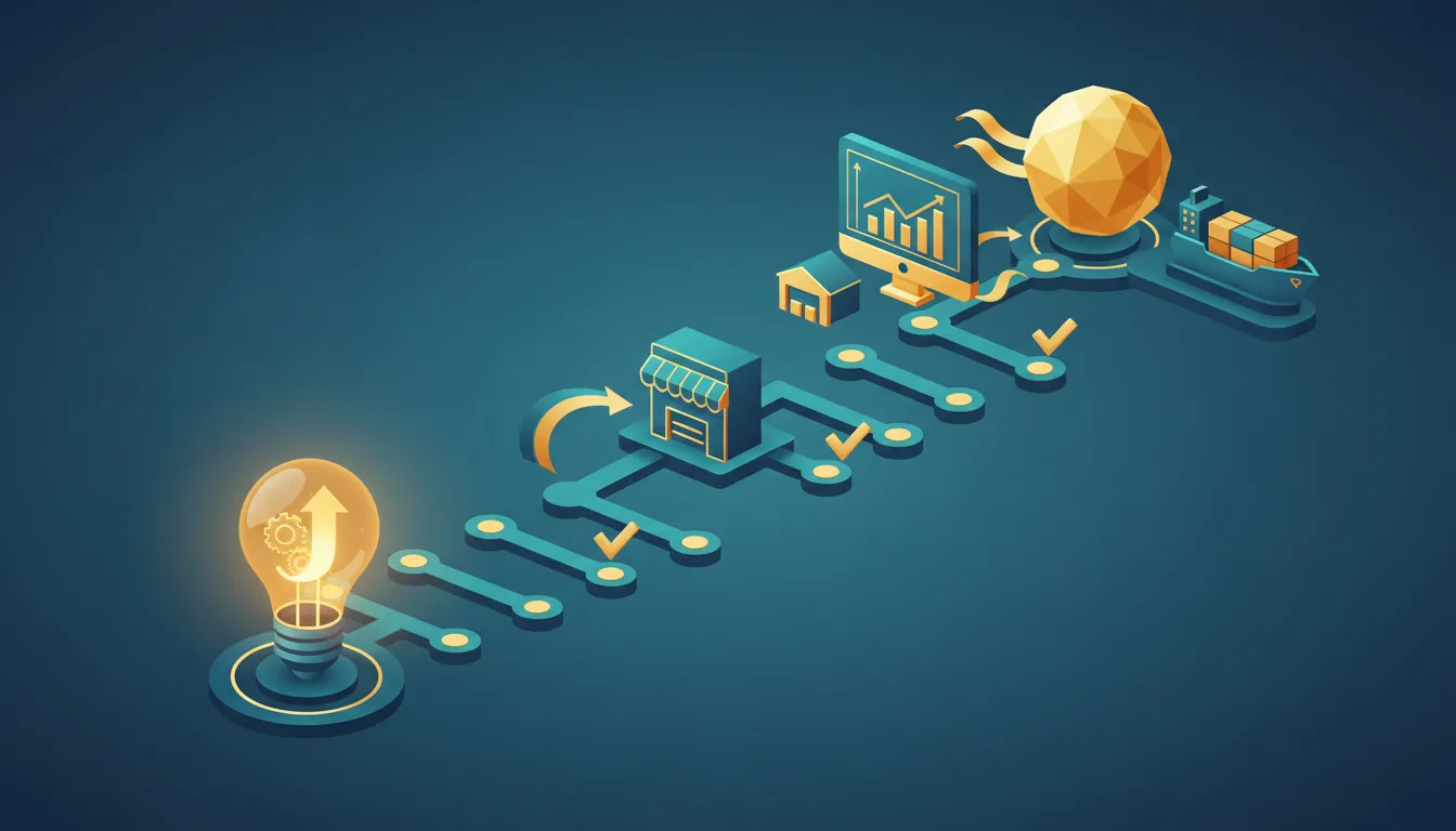 Ilustrace cesty od nalezení mezery na trhu přes plánování a obchodování až po export do zahraničí bez textu