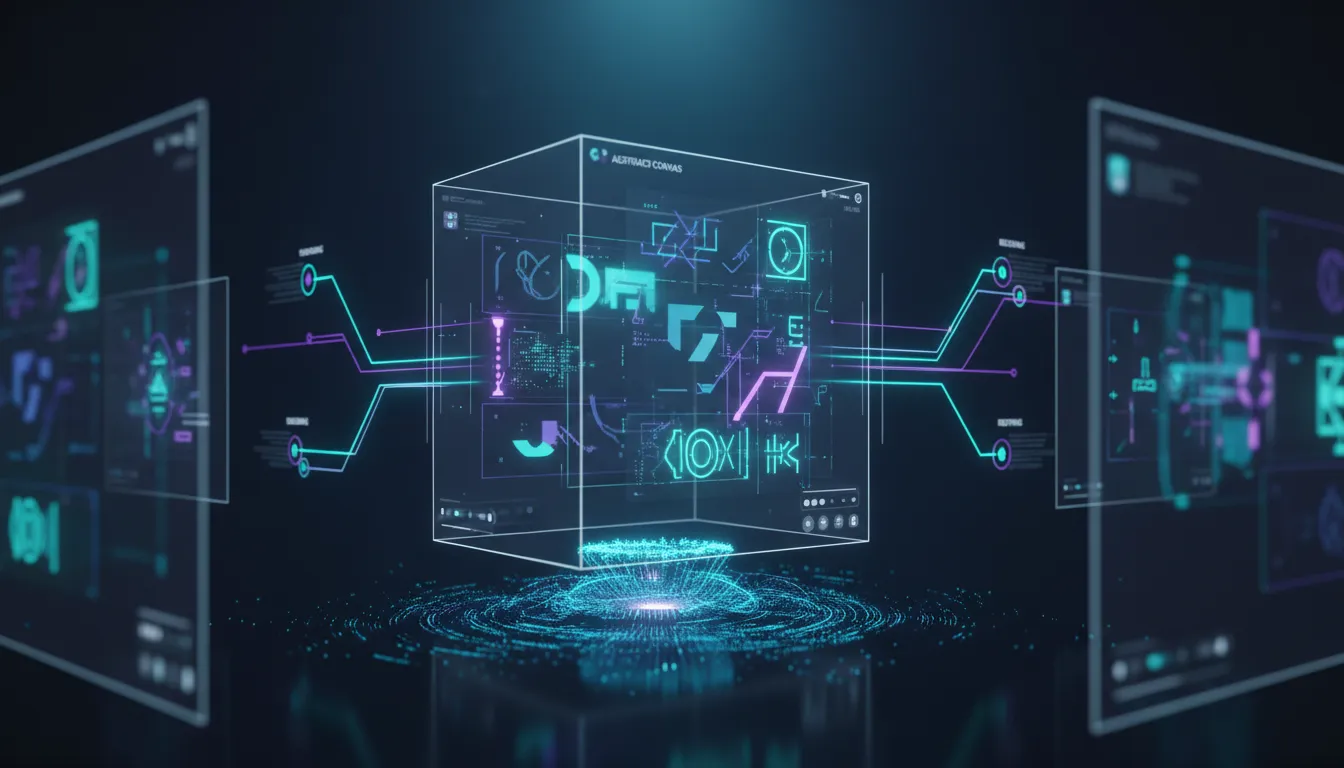 Holografické znázornění proměny AI obrazu 2.0 z náčrtu na strukturovaný, produkčně připravený vizuál s více panely a síťovým propojením
