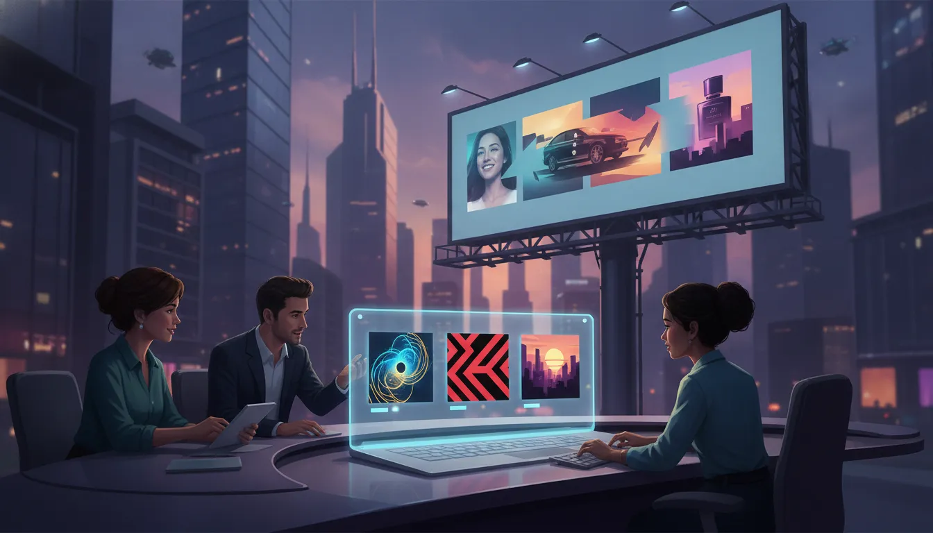 Ilustrace marketingového týmu generující vizuální varianty billboardové kampaně pomocí AI, s několika návrhy na obrazovce a proměnou prázdné reklamní plochy v poutavý koncept, bez textu.