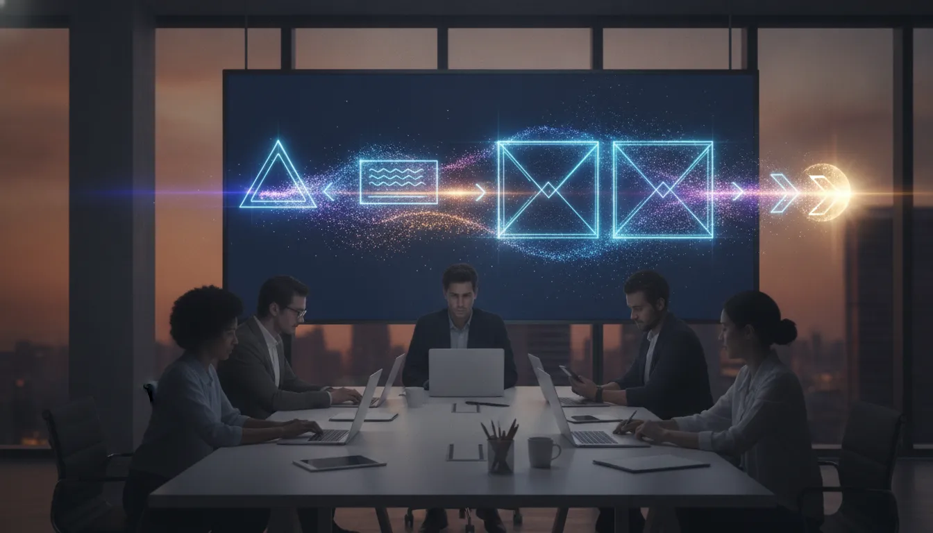 Ilustrace marketingového týmu znázorňující automatizovaný workflow pro tvorbu e-mailů bez textu a slov.