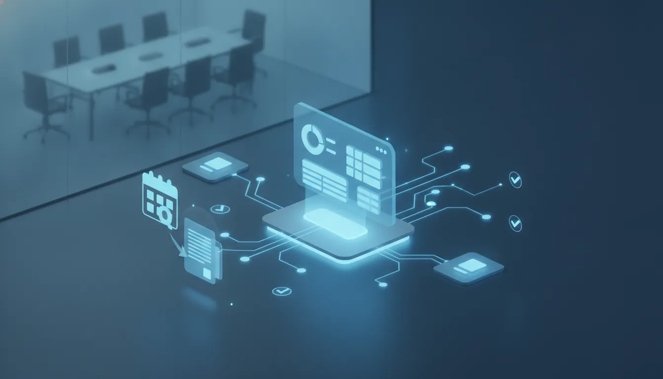 Ilustrace abstraktního finančního reportingového workflow s propojenými daty a kontrolou mezi účetními podklady a dashboardem, bez textu.