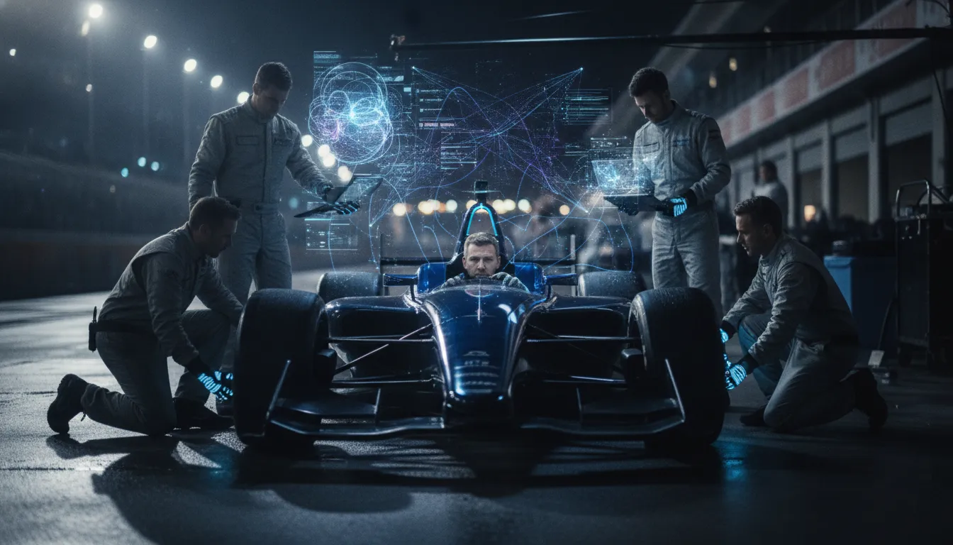 Racing pit lane with engineers collaborating with holographic AI-style data to analyze and improve performance after a tough race.