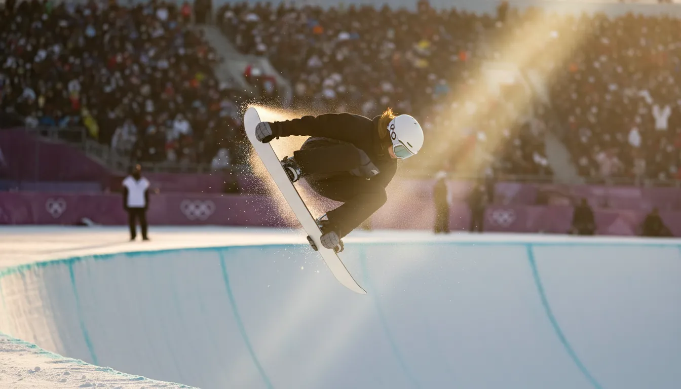 Profesionální snowboardistka ve vzduchu nad halfpipe předvádějící ikonický frontside double cork 1080 s method grab, sněhový prach a dramatické světlo