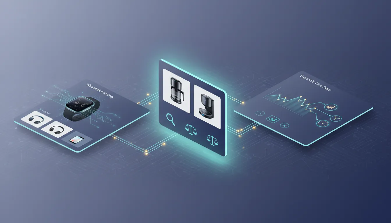 Ilustrace moderního rozhraní pro chytřejší nákup v ChatGPT s vizuálním procházením, porovnáním produktů vedle sebe a panelem s aktuálními informacemi