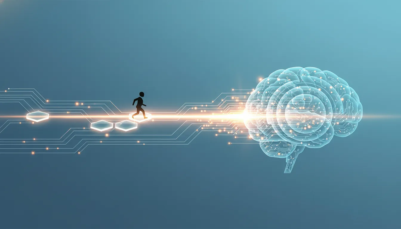 Abstraktní ilustrace AI mozku z vrstev obvodů a propojených uzlů s jasnou světelnou trasou a kontrolními body a stylizovaným autonomním agentem postupujícím vpřed, metafora lepšího plánování, delší pozornosti a vyšší autonomie u Claude Opus 4.6